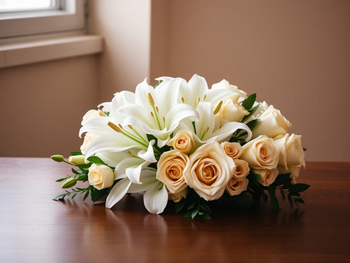 A simple arrangement of white lilies and cream roses